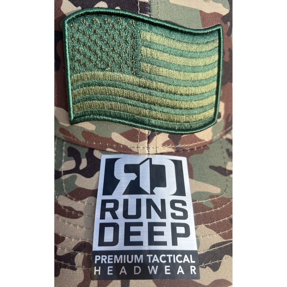 Runs Deep Tactical USA American Flag Premium Tactical Hat Camo Snapback Cap NWT